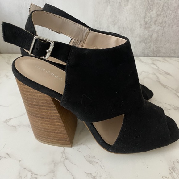 Steve Madden Girl Sandals Sz 10M Black‎ Microsuede Slingback Peep Square Toe - Picture 6 of 16